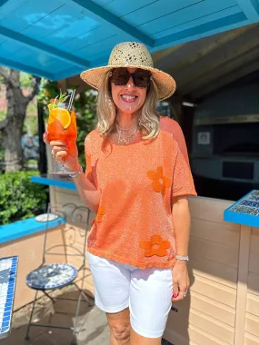 Orange Sparkly Flower V-Neck Blouse - Carla