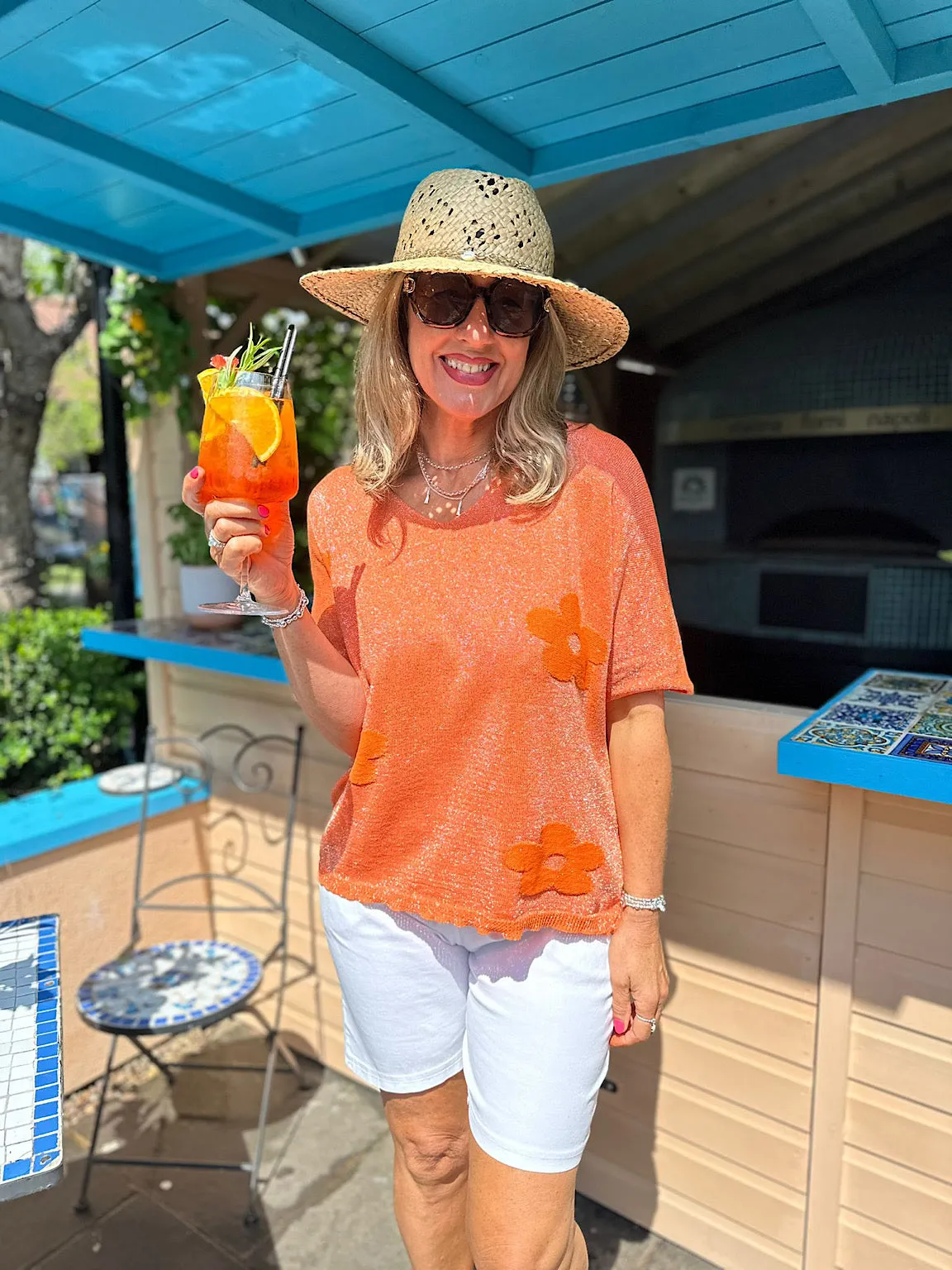 Orange Sparkly Flower V-Neck Blouse - Carla