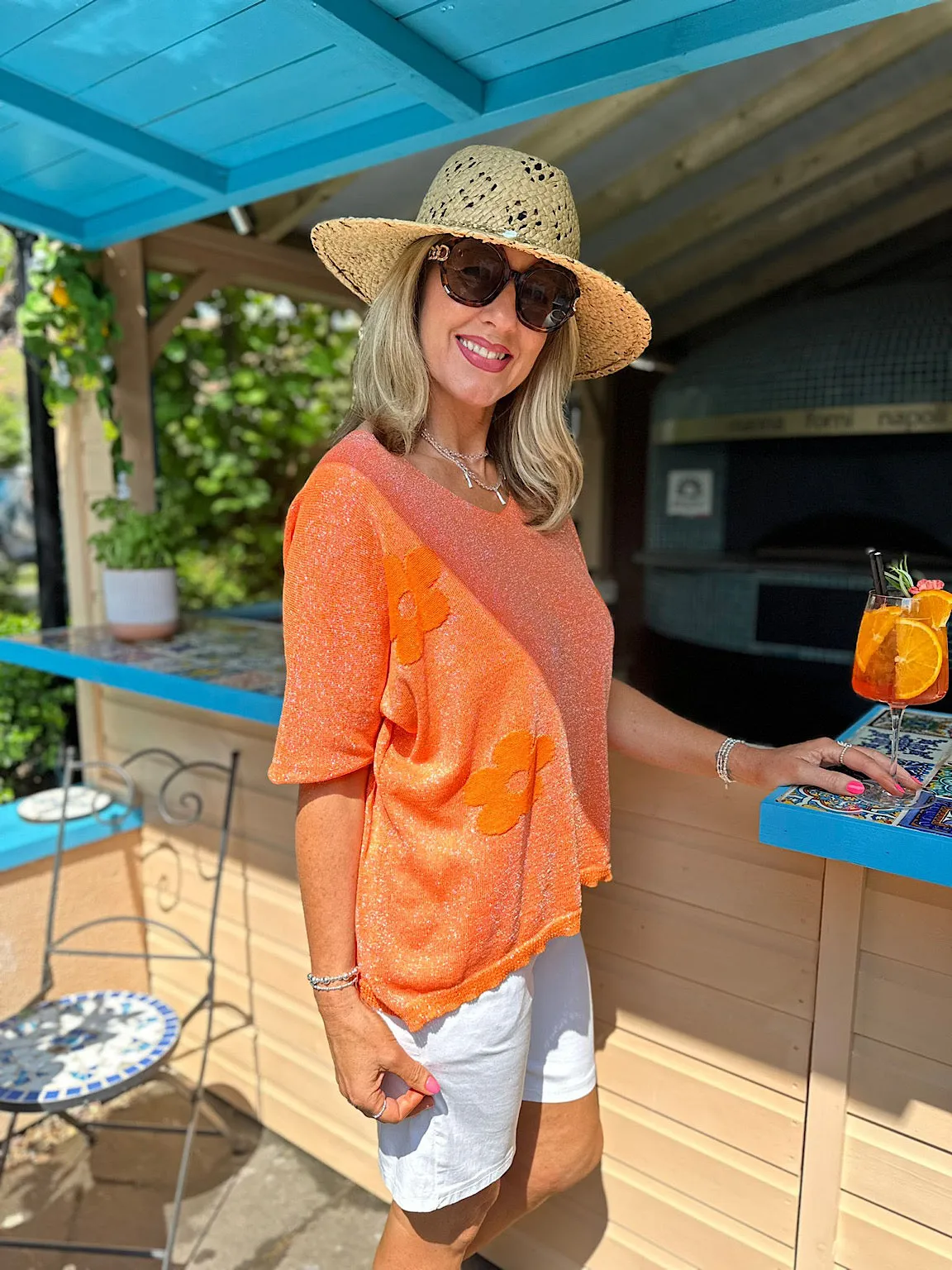 Orange Sparkly Flower V-Neck Blouse - Carla