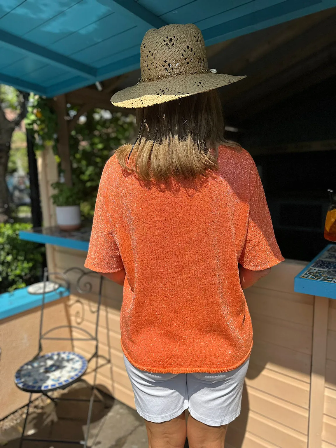 Orange Sparkly Flower V-Neck Blouse - Carla