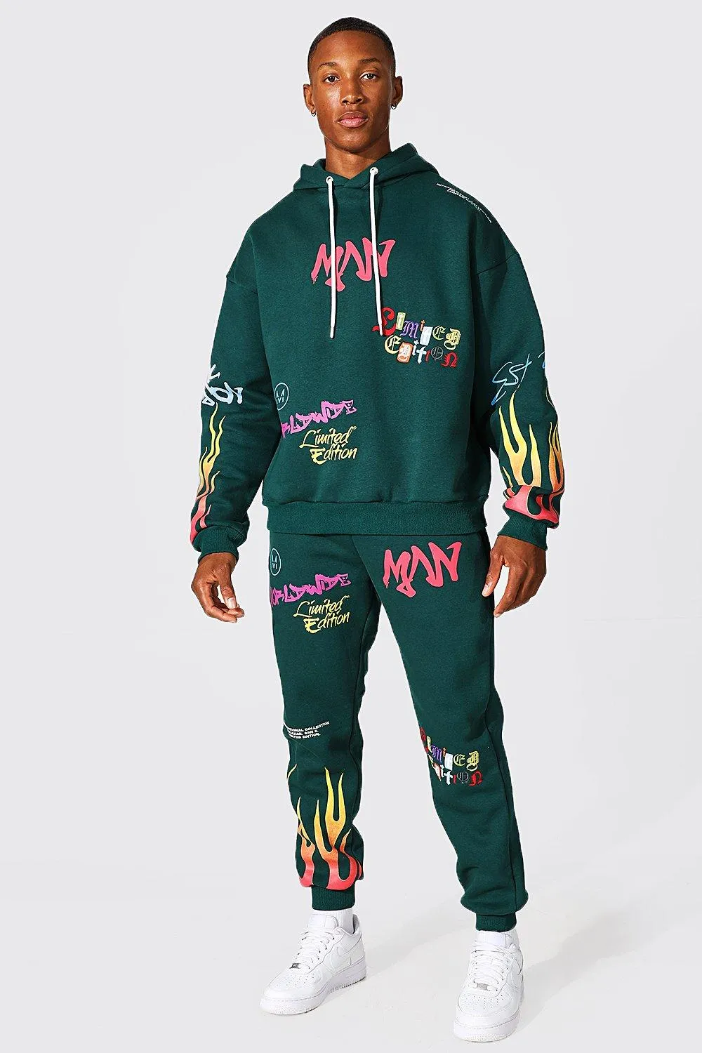 Oversized Man Flame Graffiti Tracksuit | boohooMAN UK