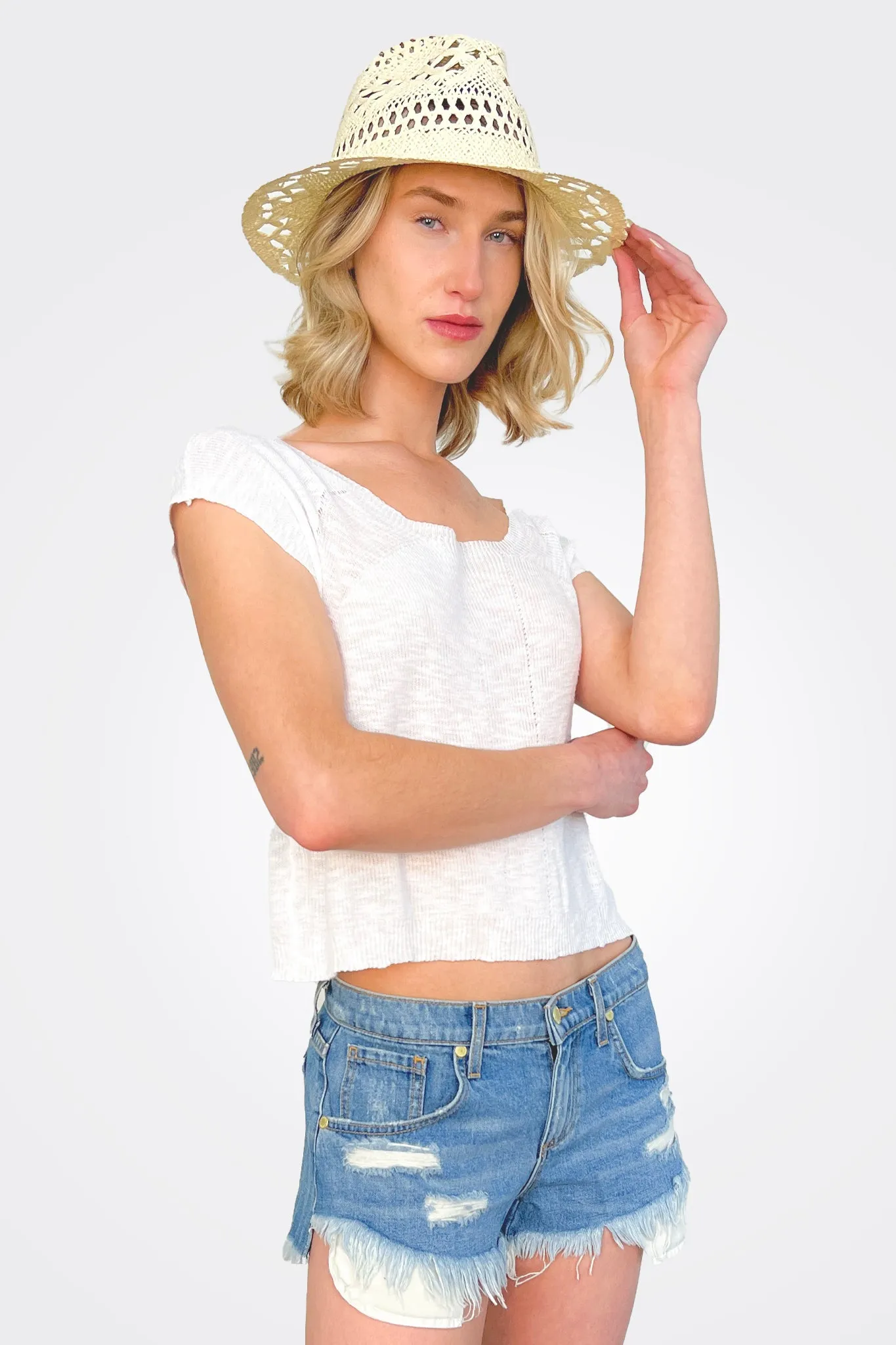 Perforated Straw Hat - Cream