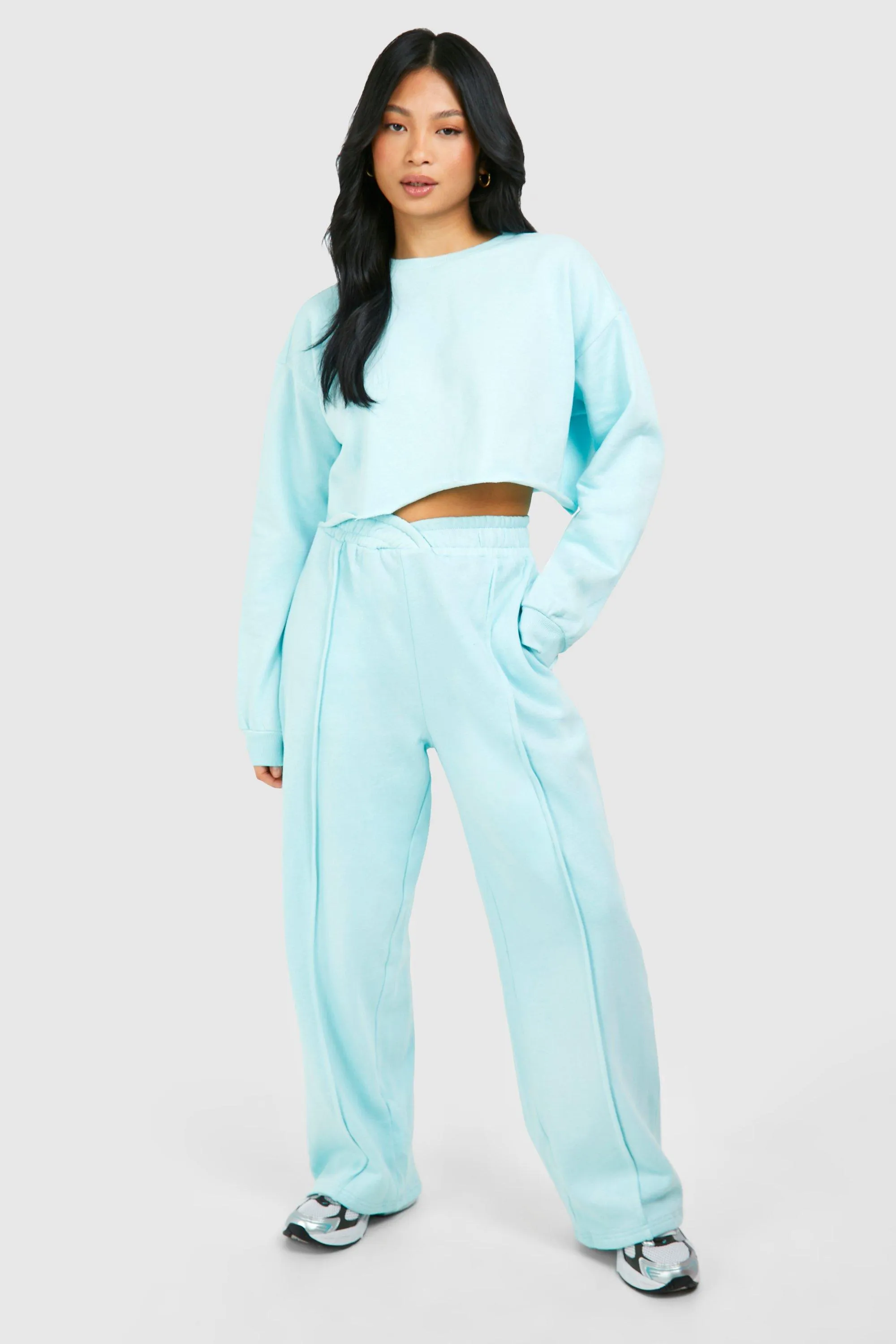 Petite Cropped Sweatshirt Wide Leg Washed Tracksuit