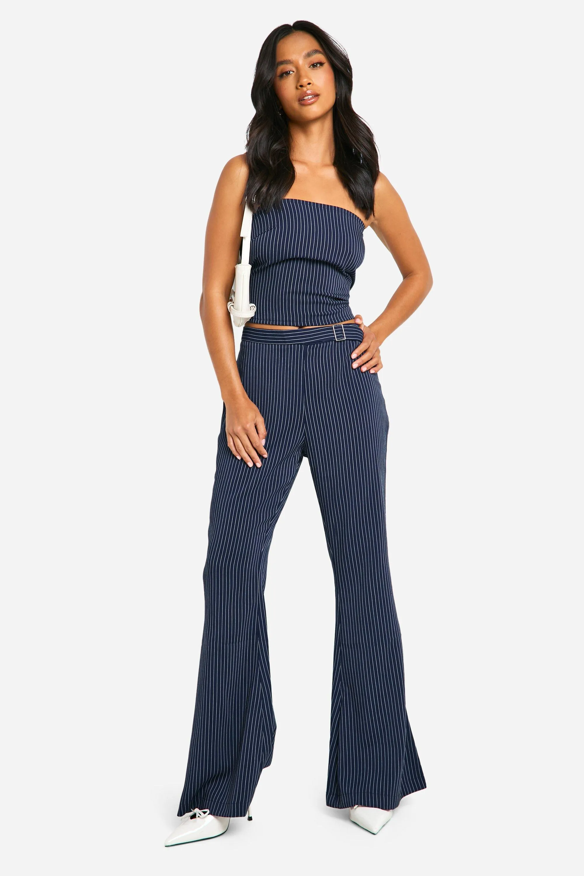 Petite Low Waist Pinstripe Flare Trousers