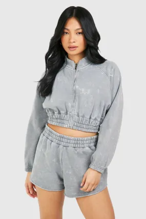 Petite Washed Cropped Bomber Short Tracksuit