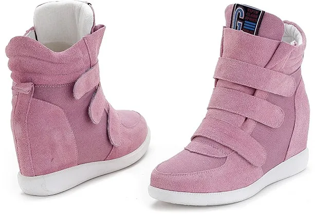 Pink Suede Velcro Platform Hidden Wedges Sneakers Loafers