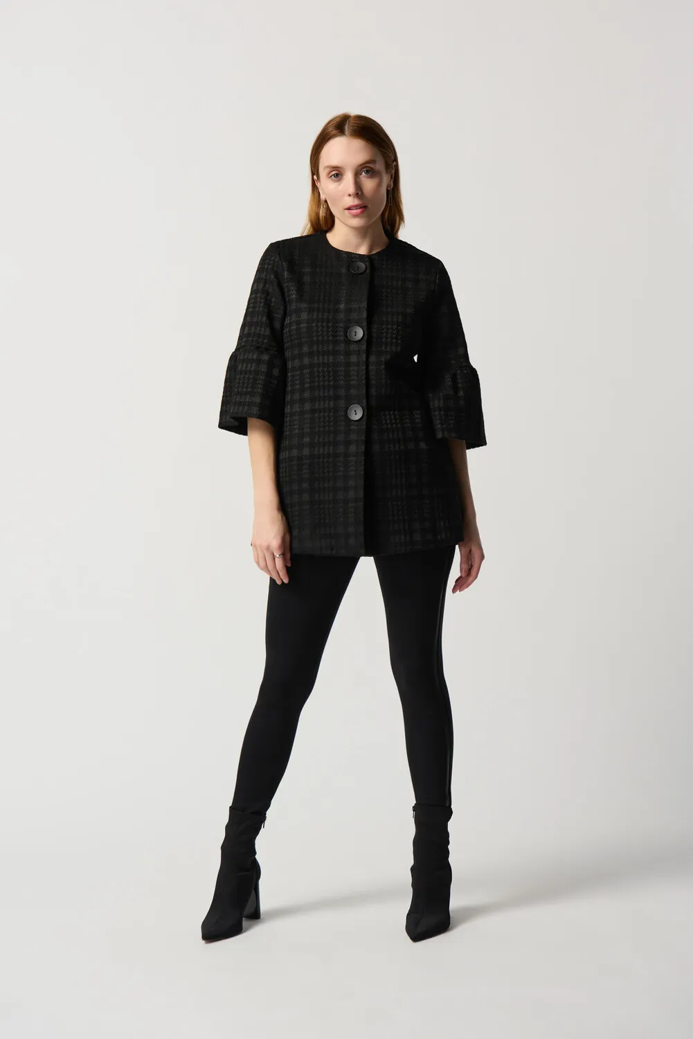 Plaid Coat with Cropped Sleeves - Style 234057