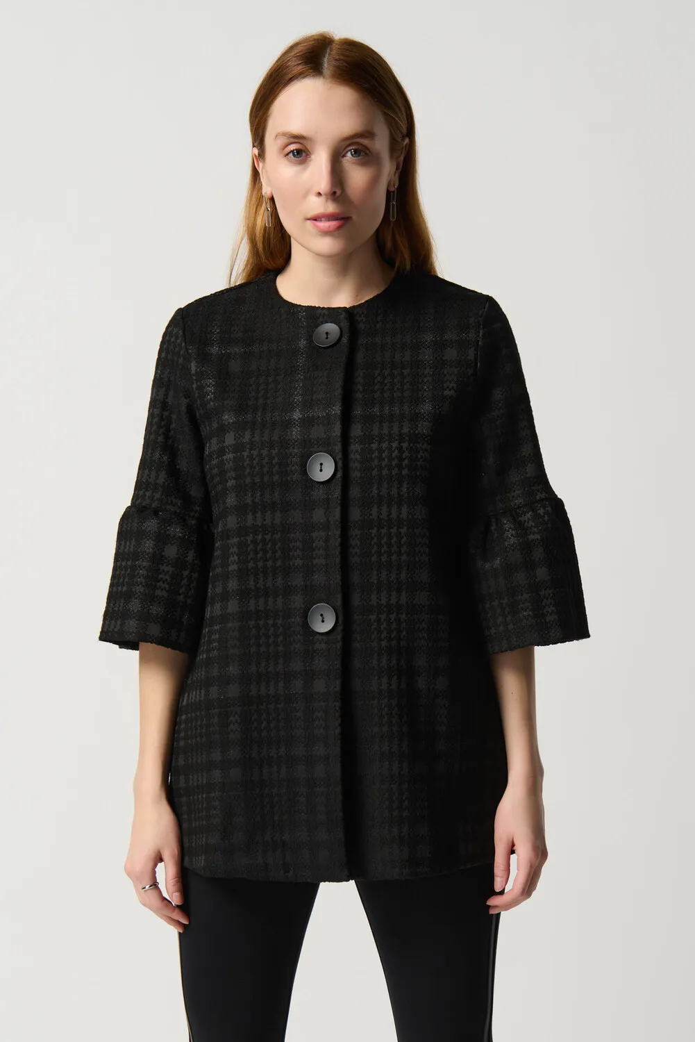 Plaid Coat with Cropped Sleeves - Style 234057