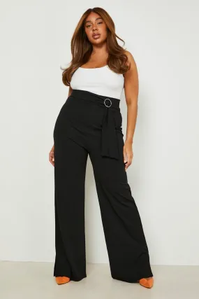 Plus Belted Straight Split Leg Crepe Trousers