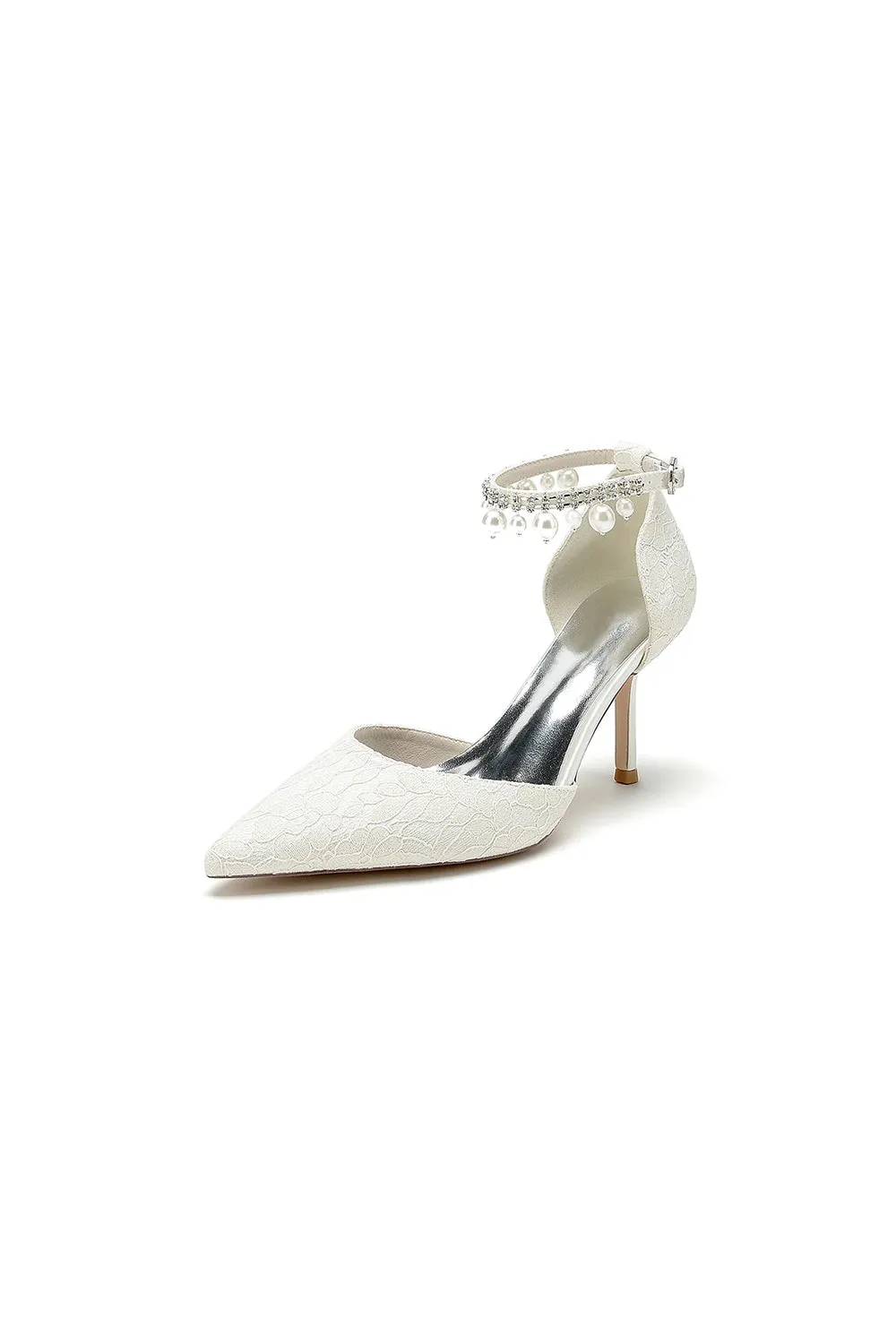 Pointed Toe Bridal Heels Pearl Strap