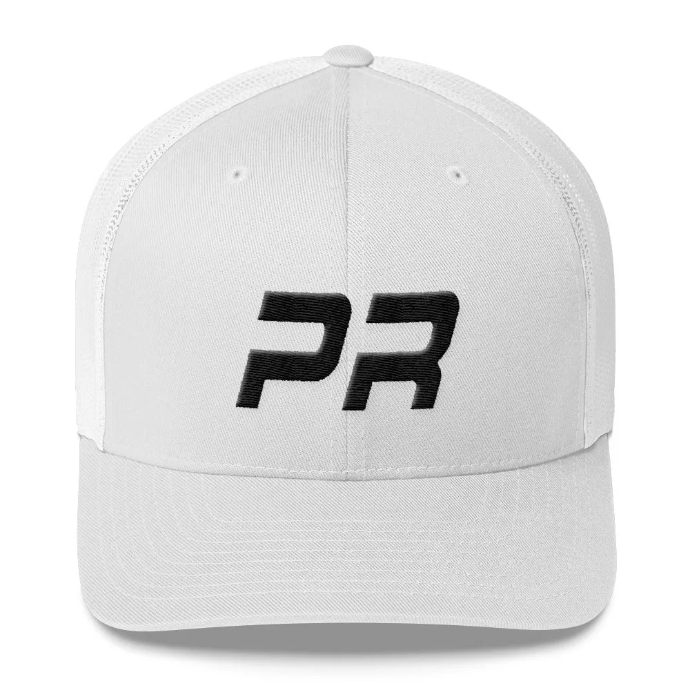 Puerto Rico - Mesh Back Trucker Cap - Black Embroidery - PR - Many Hat Color Options Available