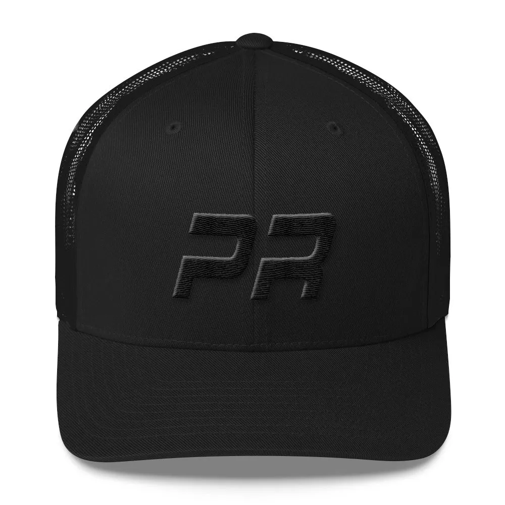 Puerto Rico - Mesh Back Trucker Cap - Black Embroidery - PR - Many Hat Color Options Available