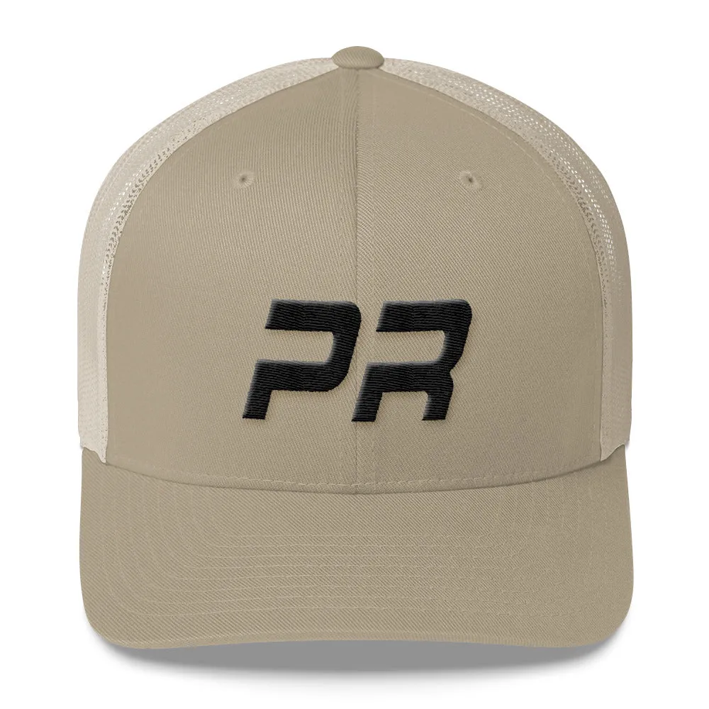 Puerto Rico - Mesh Back Trucker Cap - Black Embroidery - PR - Many Hat Color Options Available