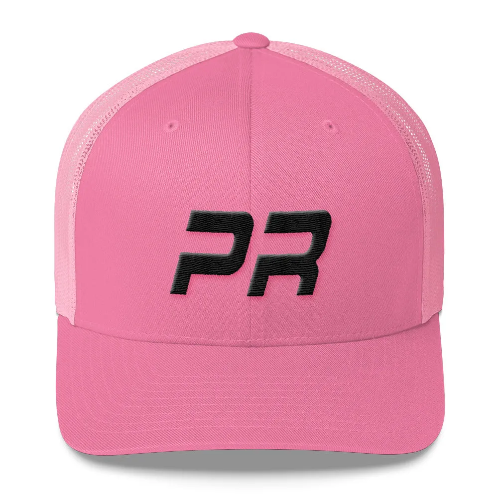 Puerto Rico - Mesh Back Trucker Cap - Black Embroidery - PR - Many Hat Color Options Available