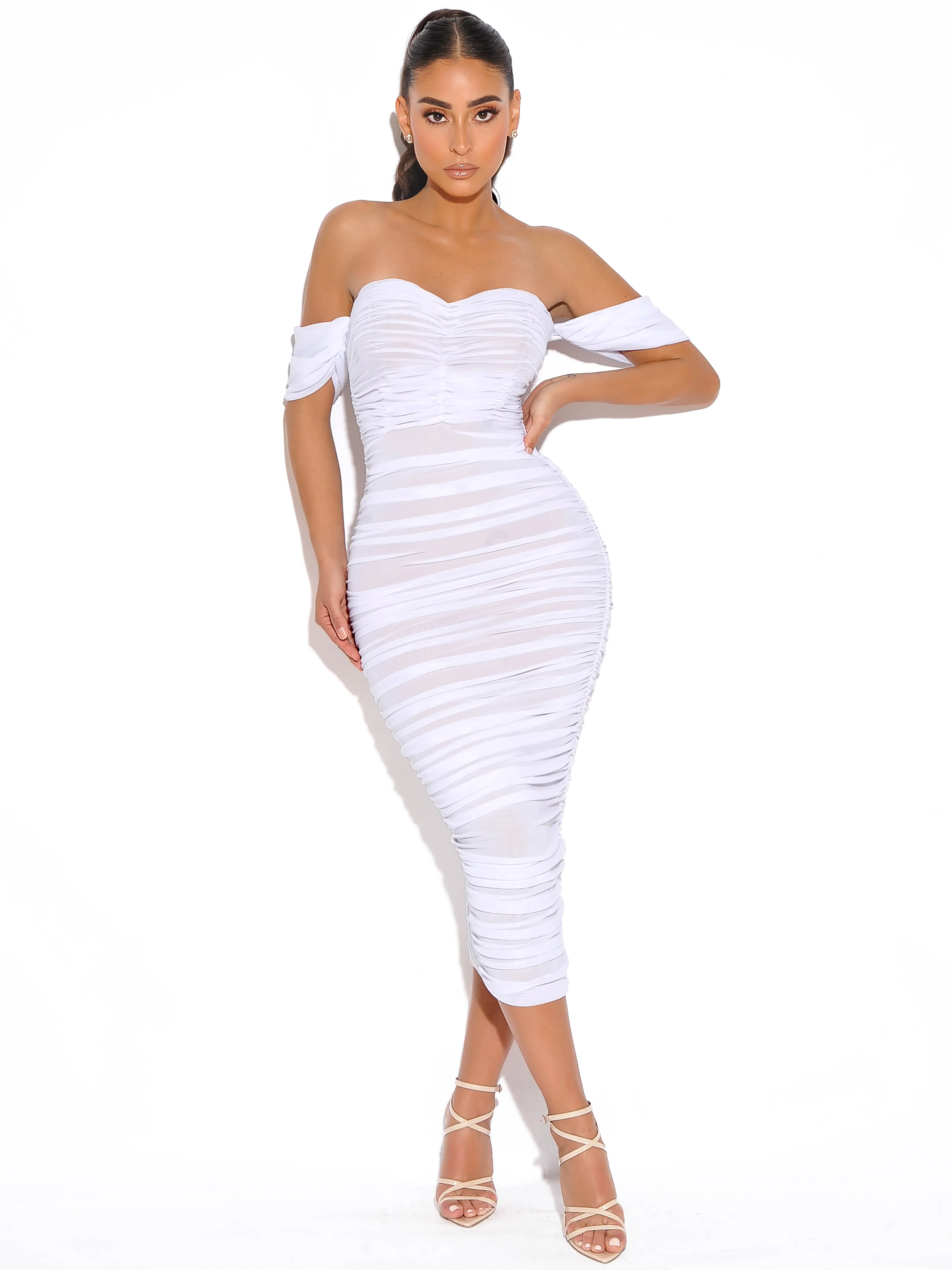 Quenby White Off Shoulder Mesh Maxi Dress