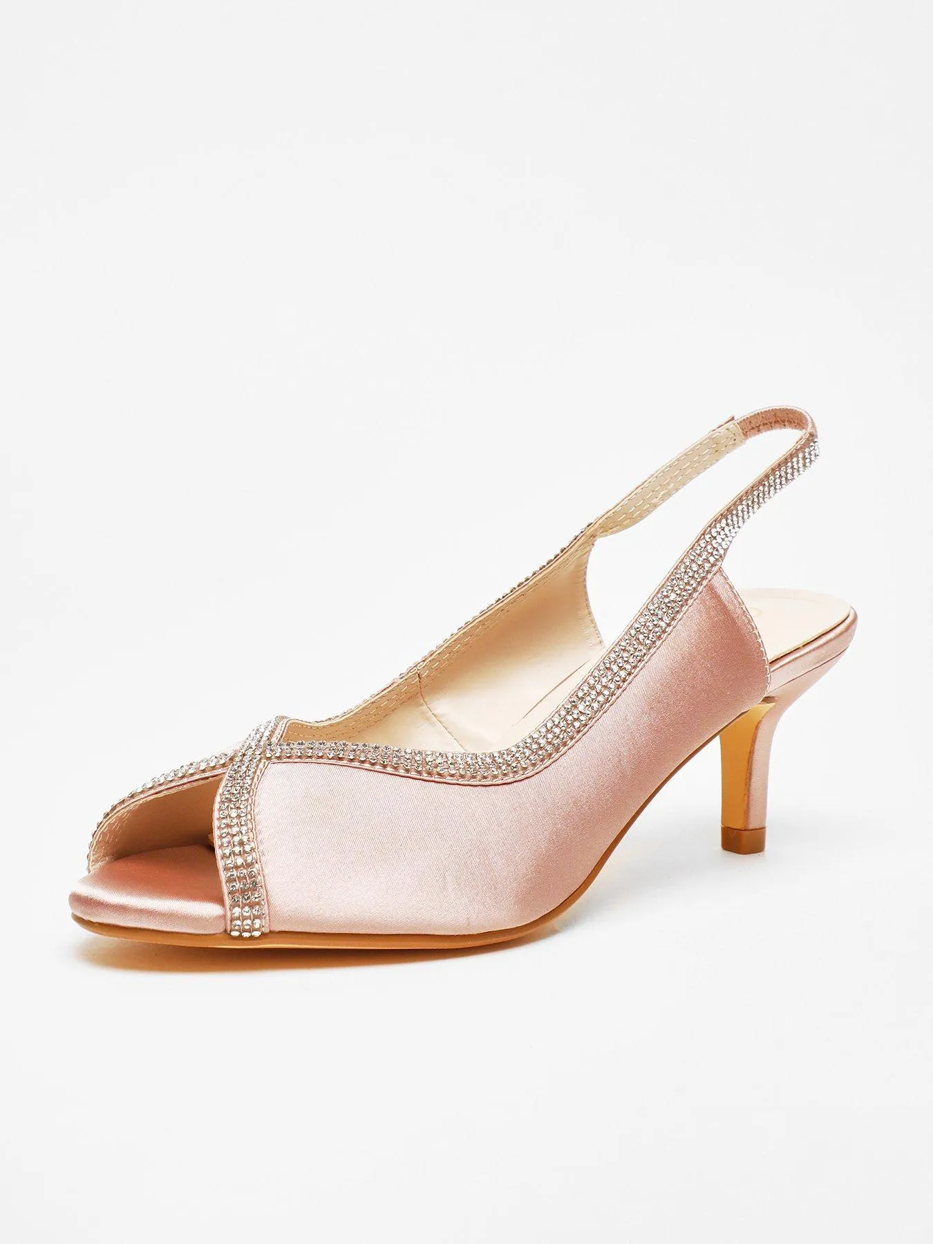 Quiz Rose Gold Satin Diamante Low Heeled Slingback Heels