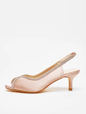 Quiz Rose Gold Satin Diamante Low Heeled Slingback Heels