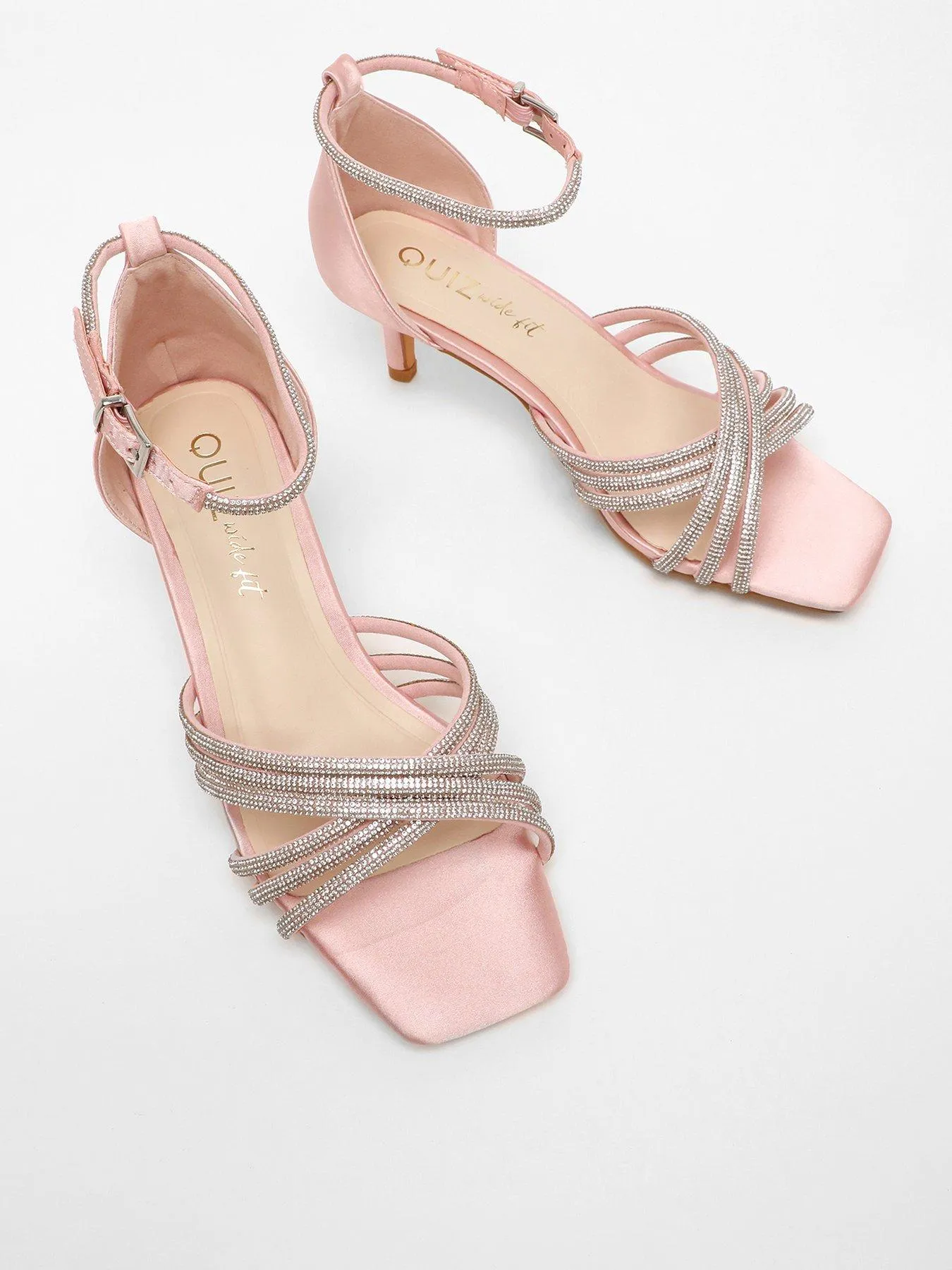 Quiz Wide Fit Pink Satin Diamante Cross Strap Low Heels