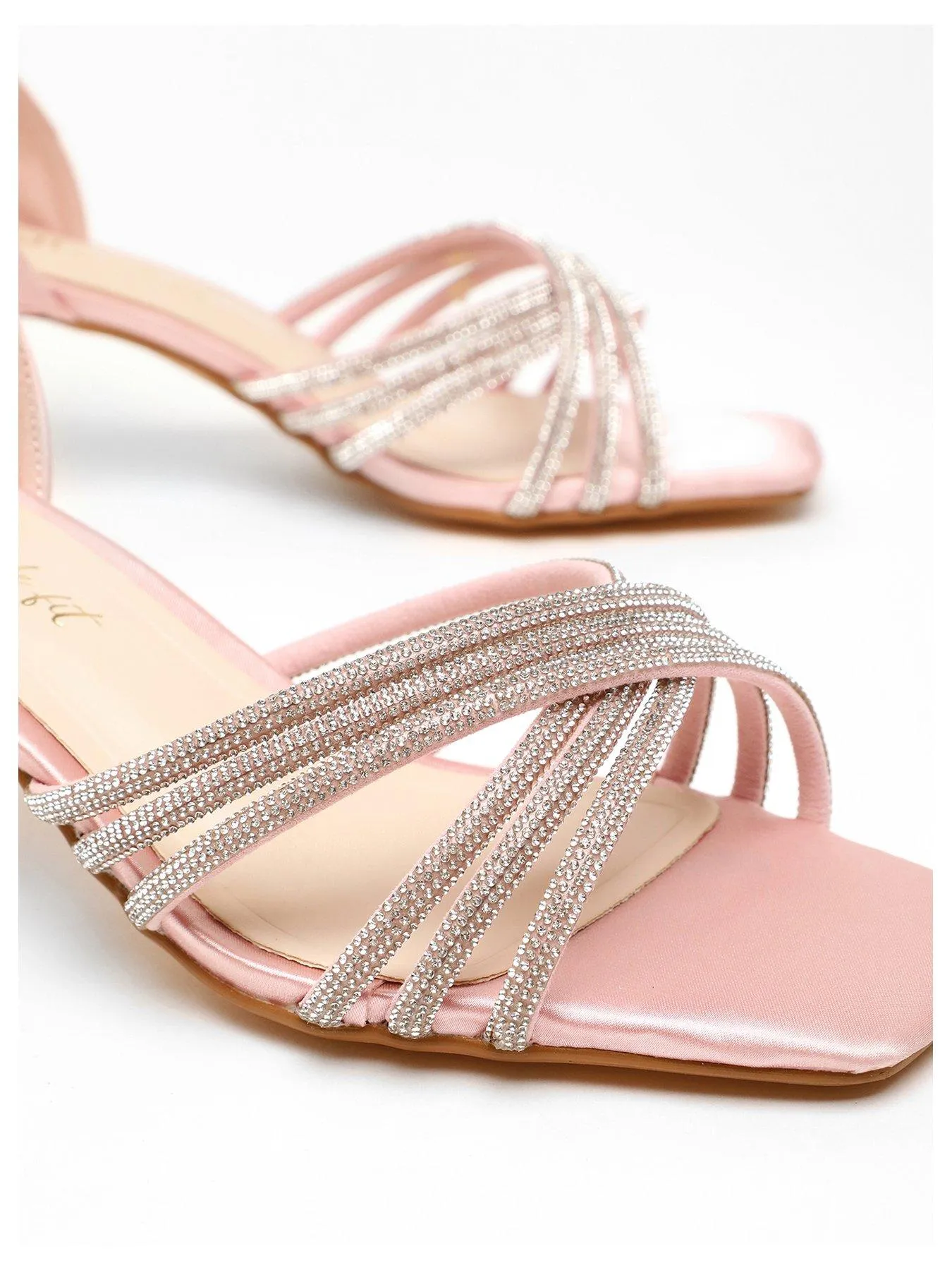 Quiz Wide Fit Pink Satin Diamante Cross Strap Low Heels