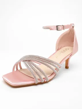 Quiz Wide Fit Pink Satin Diamante Cross Strap Low Heels