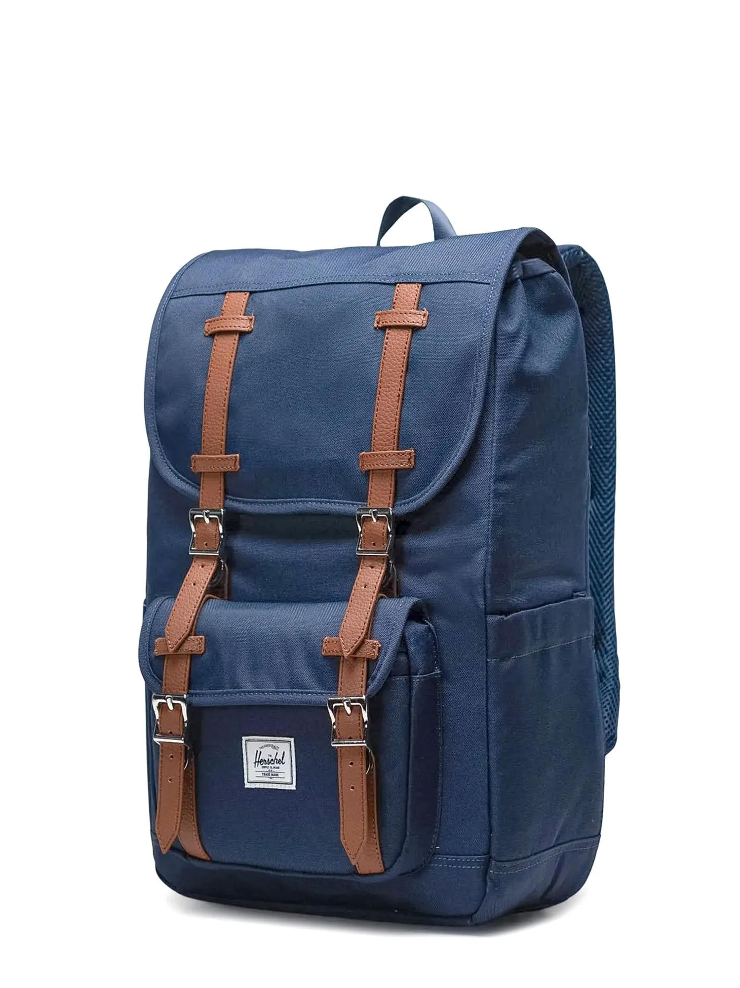 Eco-friendly backpack made from recycled fabric with front logo patch.