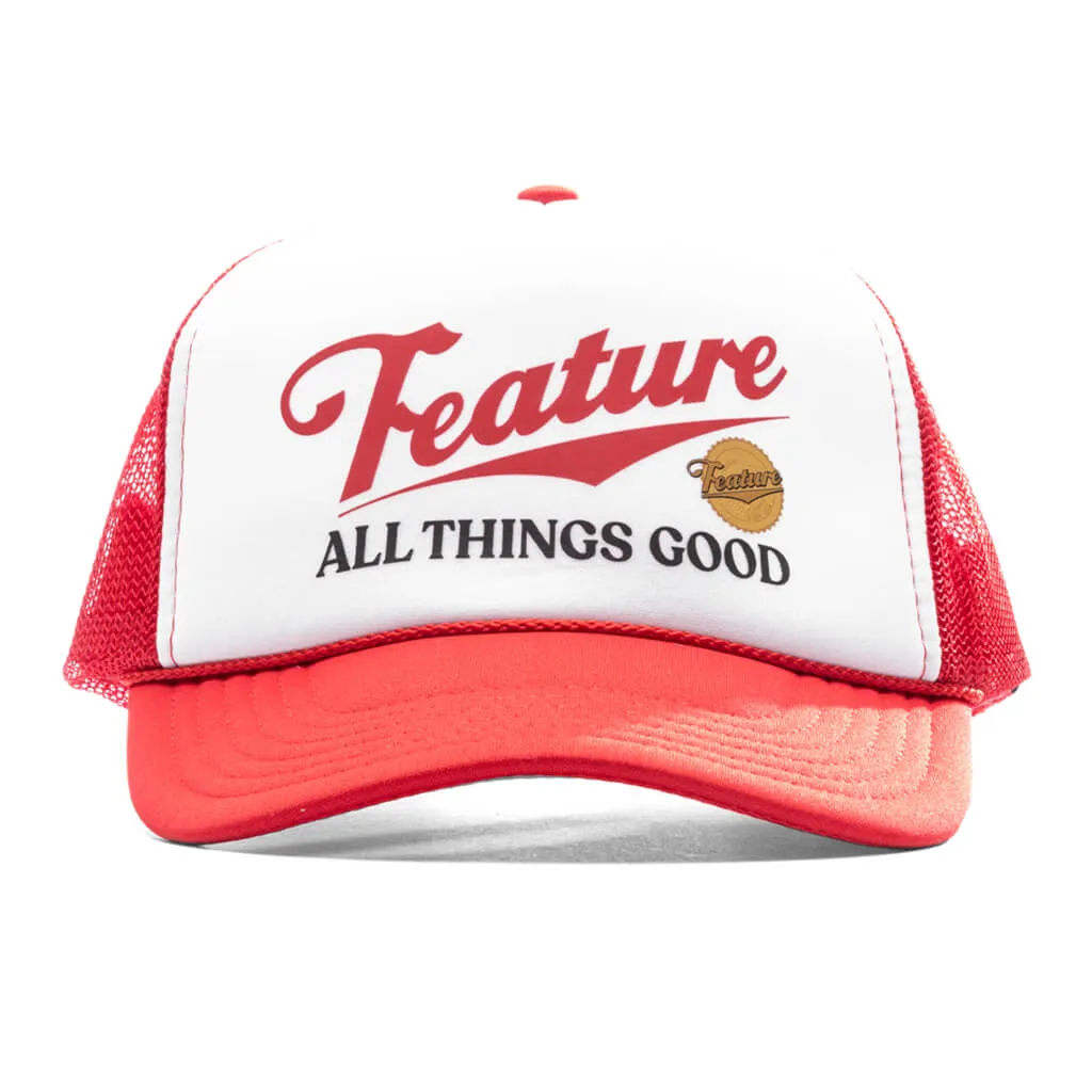 Red and White Trucker Hat in Draft Style