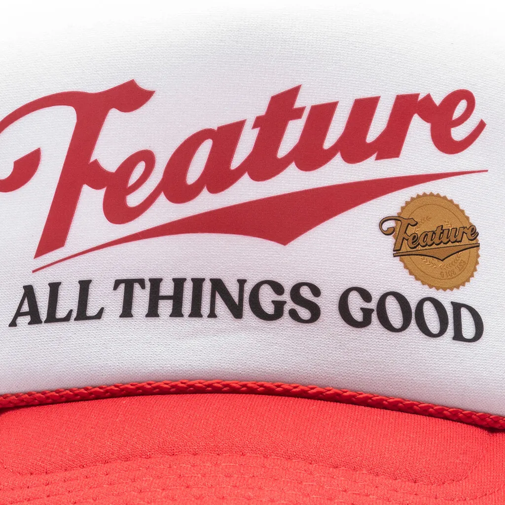 Red and White Trucker Hat in Draft Style