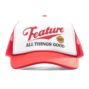 Red and White Trucker Hat in Draft Style