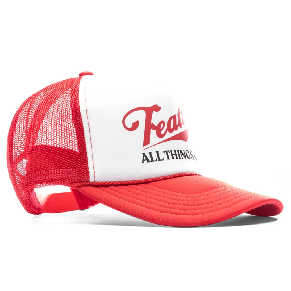 Red and White Trucker Hat in Draft Style