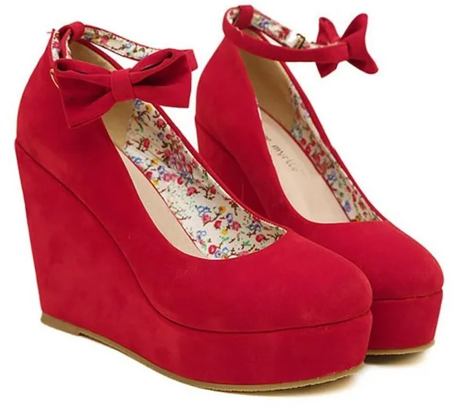 Red Suede Bow Ankle Strap Platform Wedges