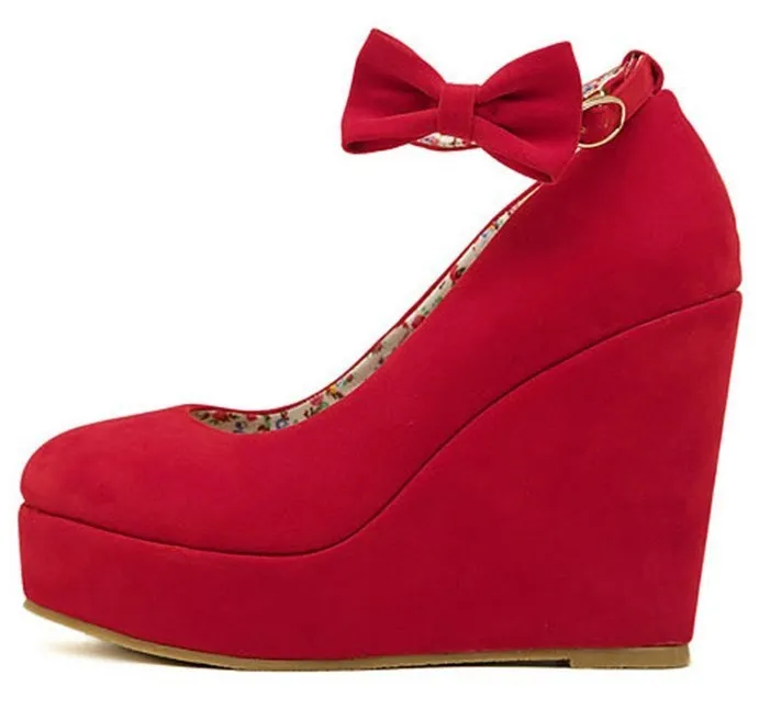 Red Suede Bow Ankle Strap Platform Wedges