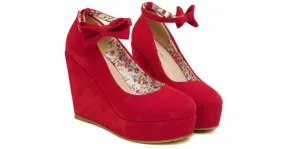 Red Suede Bow Ankle Strap Platform Wedges