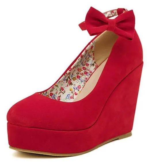 Red Suede Bow Ankle Strap Platform Wedges