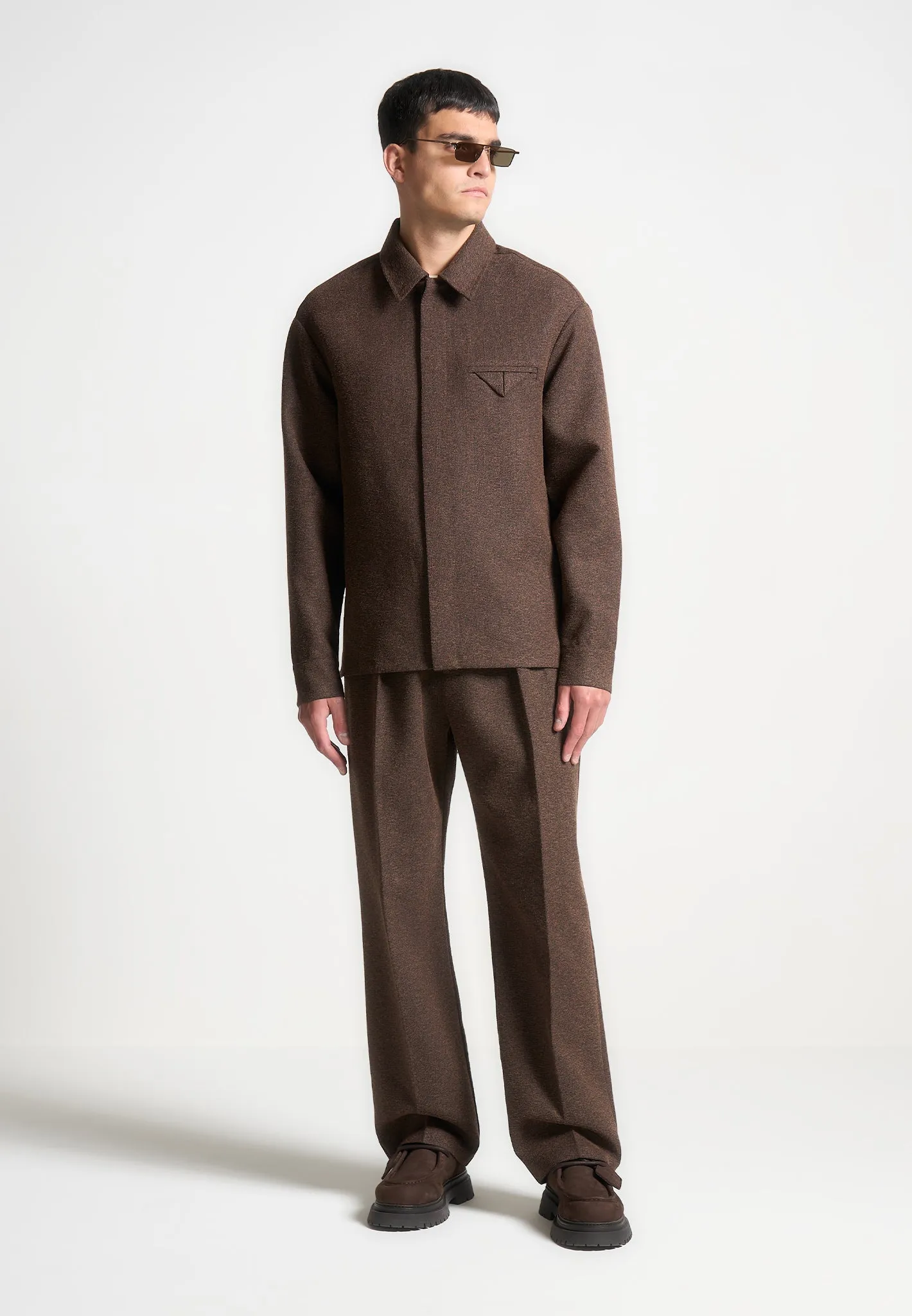 Relaxed Fit Melange Twin Pleat Tailored Trousers - Brown