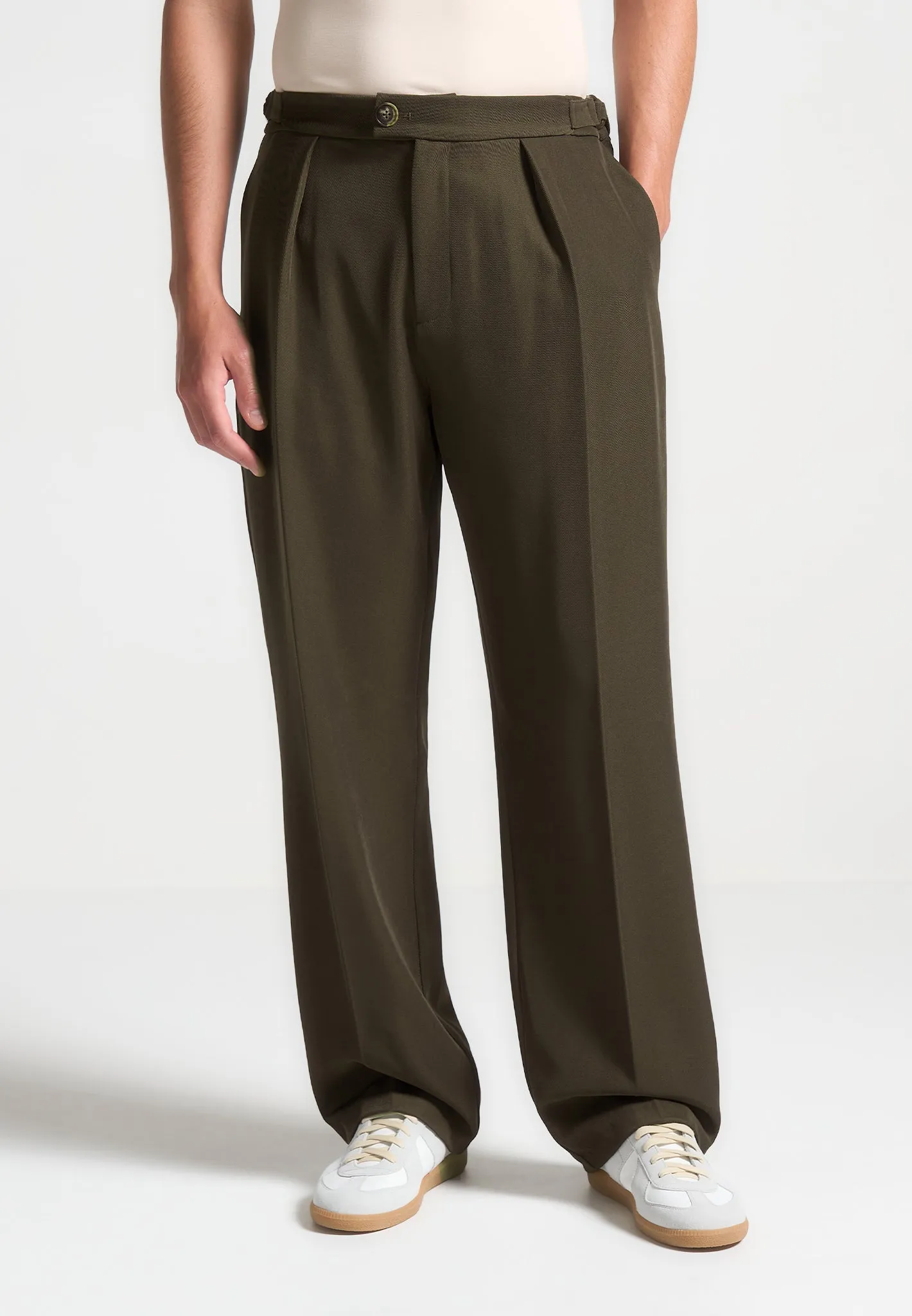 Relaxed Fit Twill Pleated Tailored Trousers - Khaki