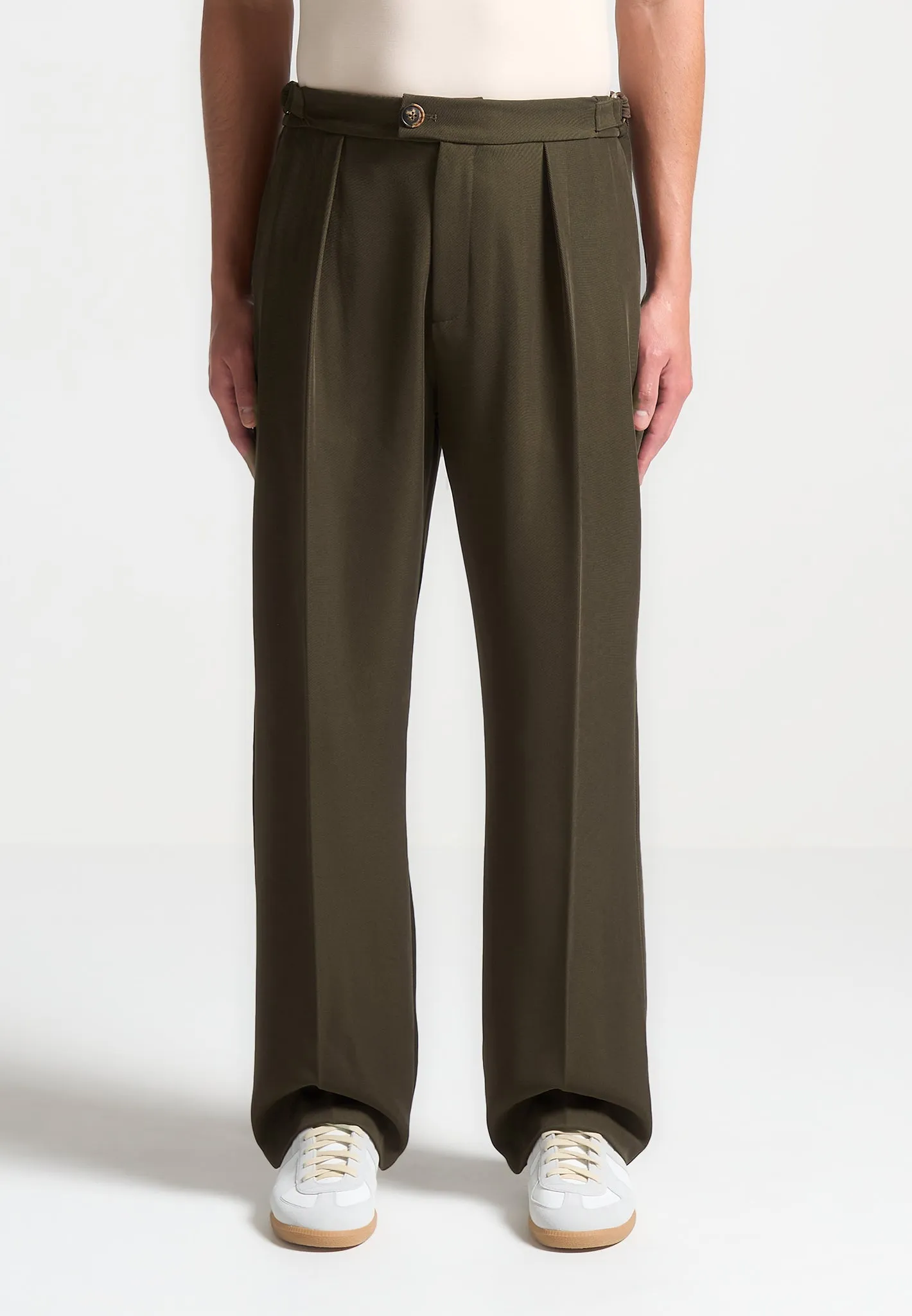 Relaxed Fit Twill Pleated Tailored Trousers - Khaki