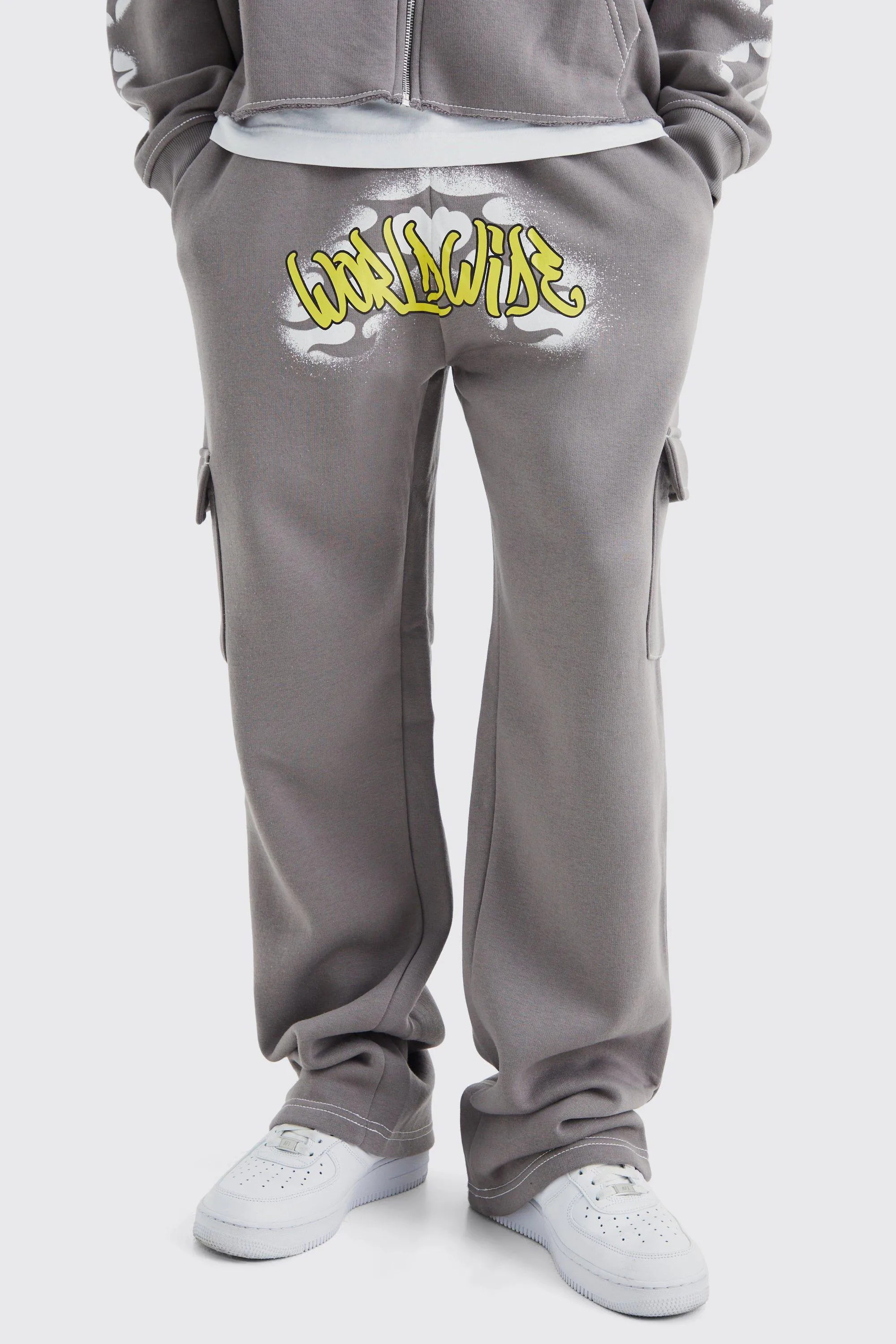 Relaxed Worldwide Graffiti Cargo Joggers | boohooMAN UK