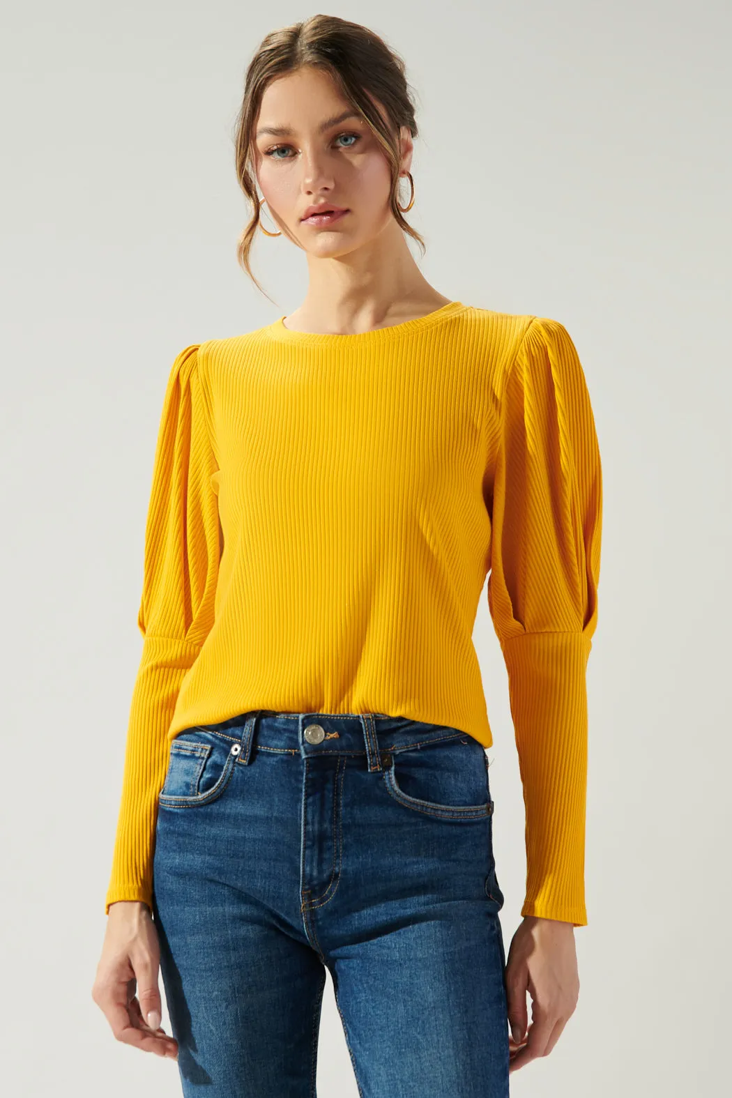 Reverie Ribbed Knit Mutton Sleeve Top