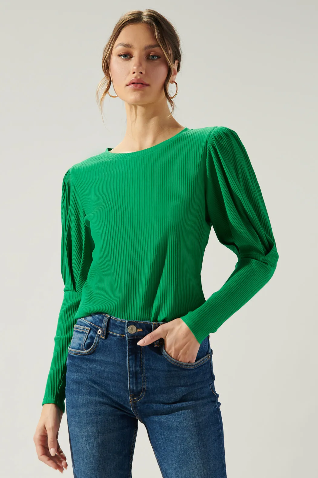 Reverie Ribbed Knit Mutton Sleeve Top