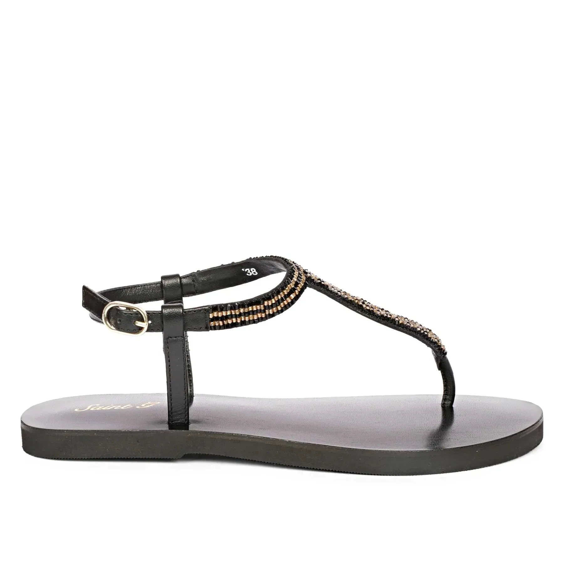 Saint Abigail Black Leather Flat Sandals