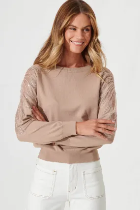 Sarandon Knit With Pearl Detail In Taupe Cotton Blend