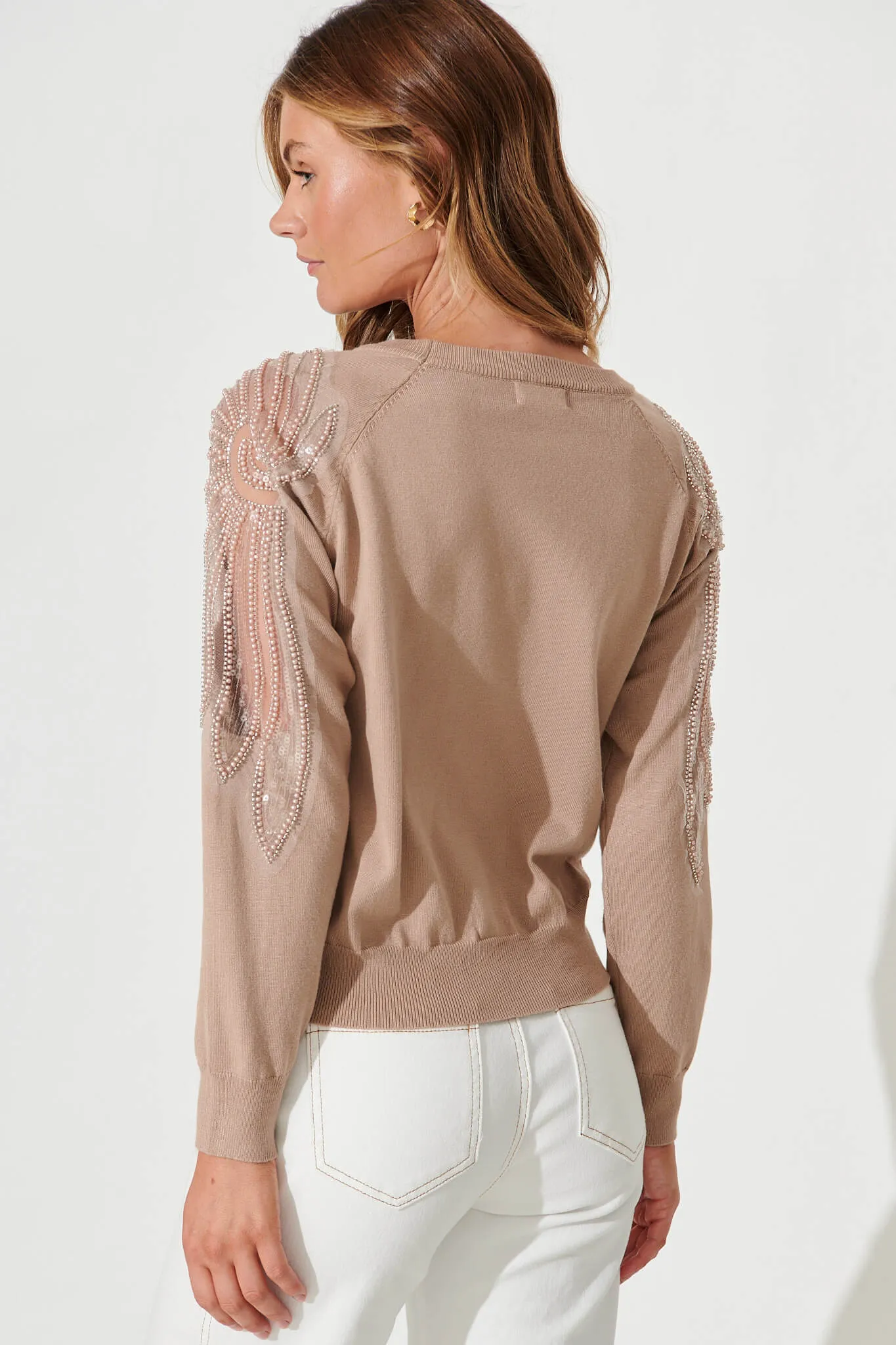 Sarandon Knit With Pearl Detail In Taupe Cotton Blend