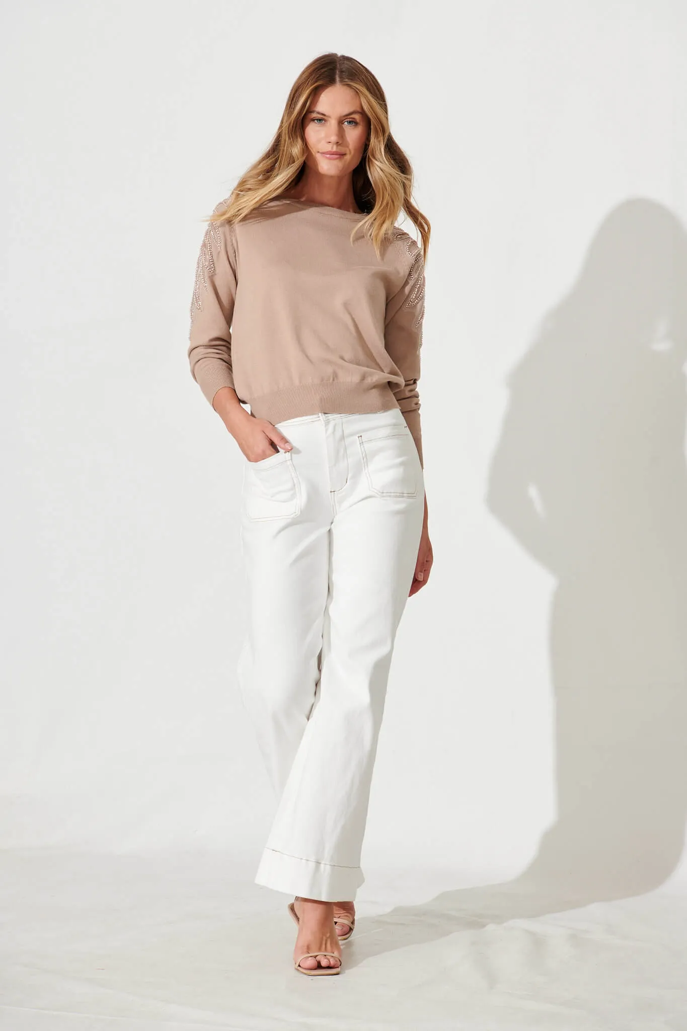 Sarandon Knit With Pearl Detail In Taupe Cotton Blend