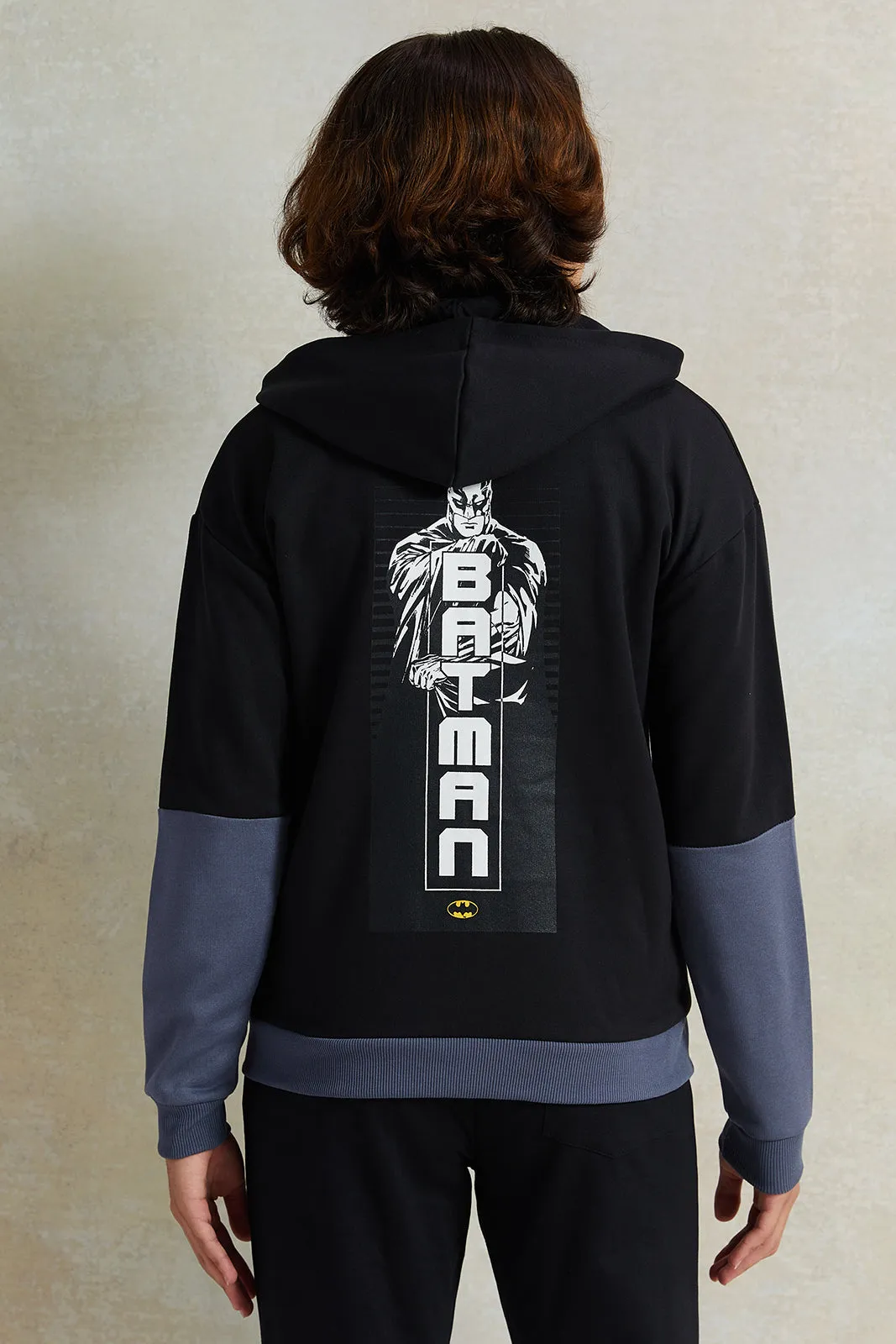 Senior Boys Black And Grey Printed Hooded Sweatshirt