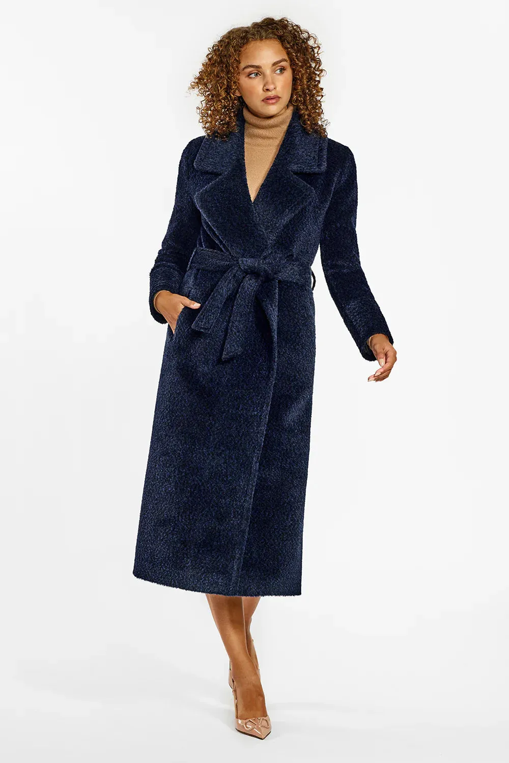 Sentaler boucle coat with long notched collar.