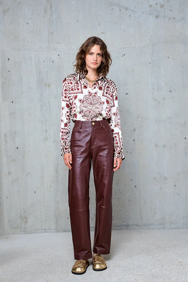 Stella Forest ESMEE BURGUNDY STRAIGHT LEATHER TROUSERS