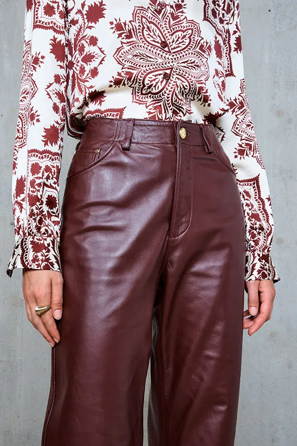 Stella Forest ESMEE BURGUNDY STRAIGHT LEATHER TROUSERS