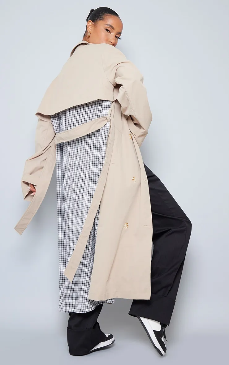 Check Print Back Oversized Trench Coat