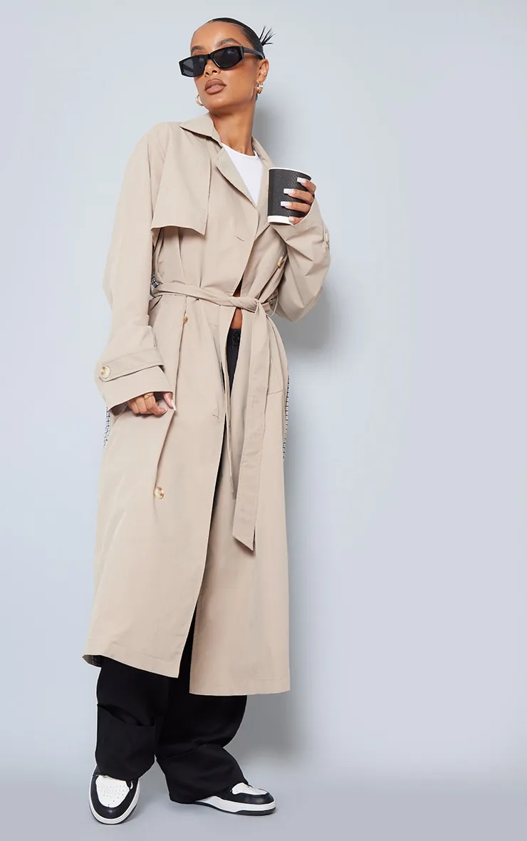 Check Print Back Oversized Trench Coat