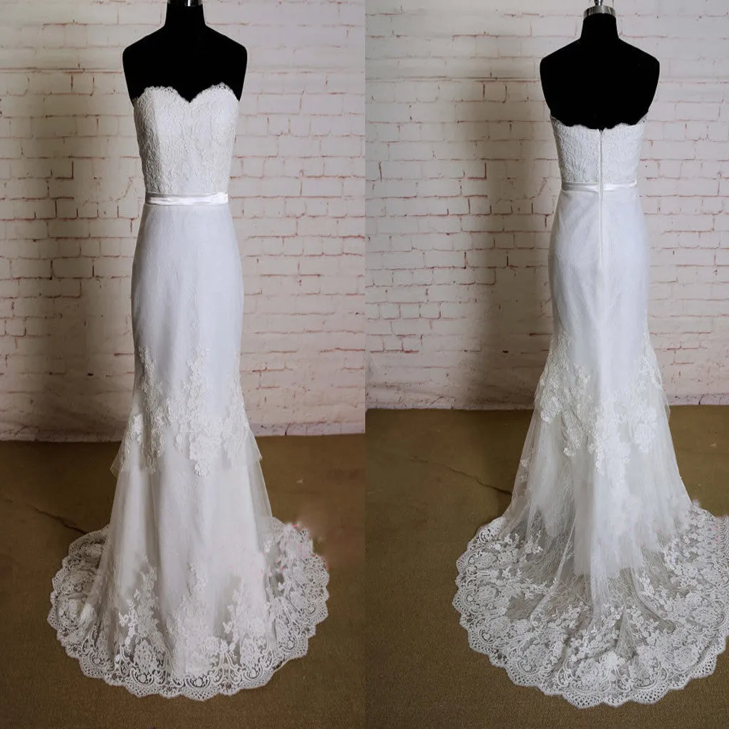 Strapless Lace Sweetheart Neckline Wedding Dress with Layered Skirt and Sweep Train - Elegant Column Style